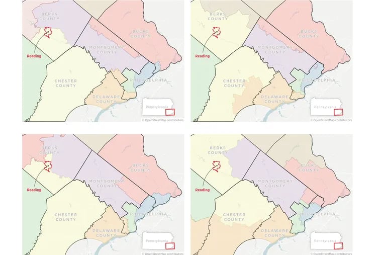 How four proposed maps would draw congressional districts in Philadelphia and its suburbs. The Pennsylvania Commonwealth Court had been poised to choose from these and nine other maps before the Pennsylvania Supreme Court stepped in to take over the case.