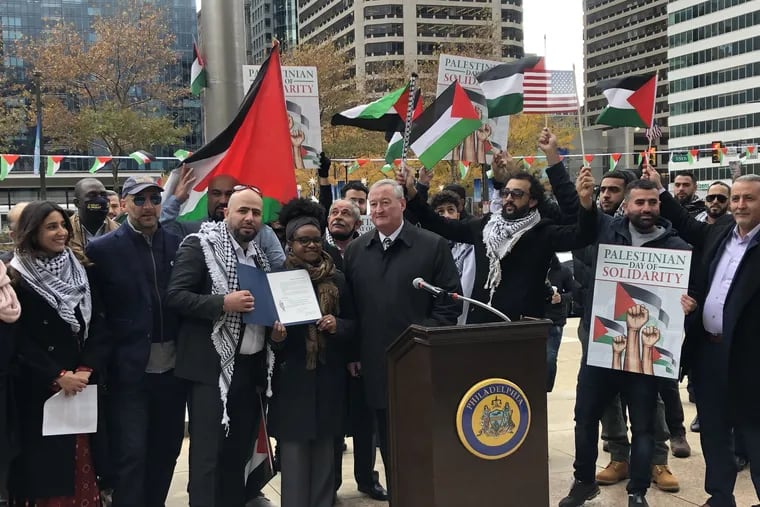 Mayor Jim Kenney and Office of Immigrant Affairs Director Amy Eusebio introducing a proclamation declaring November 29 International Day of Solidarity with the Palestinian People in Philadelphia to local Palestinian community leaders.