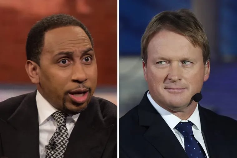Monday Night Football analyst Jon Gruden (right) didn’t appreciate a recent rant by his ESPN colleague Stephen A. Smith.