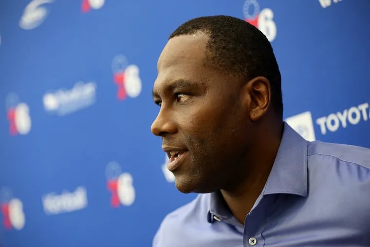 General manager Elton Brand talks to reporters after a pre-draft workout at the Sixers Training Complex in Camden, N.J., on Tuesday, June 18, 2019.