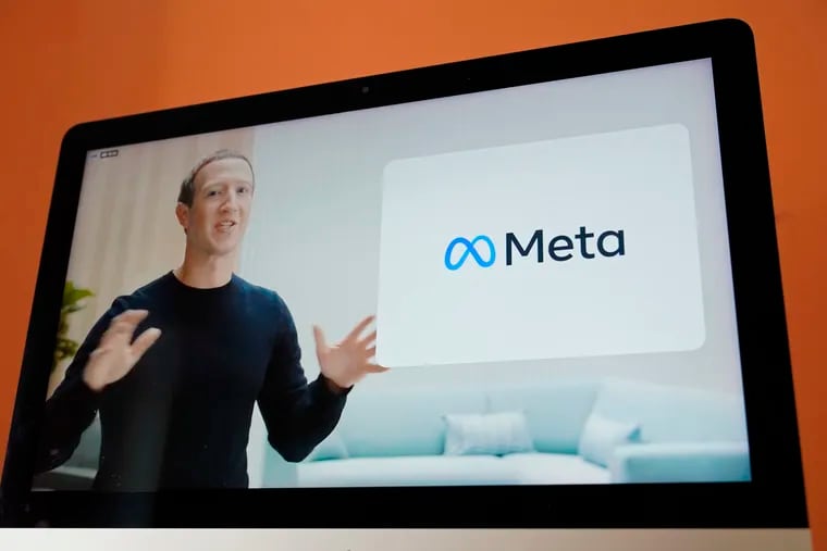 Seen on the screen of a device in Sausalito, Calif., Facebook CEO Mark Zuckerberg announces the company's new name, Meta, during a virtual event on Thursday, Oct. 28, 2021.