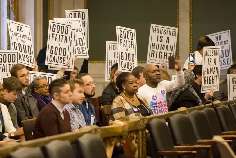 Advocates for Ôjust cause evictionÕ legislation in City Council chambers Tuesday, Feb. 13, 2018