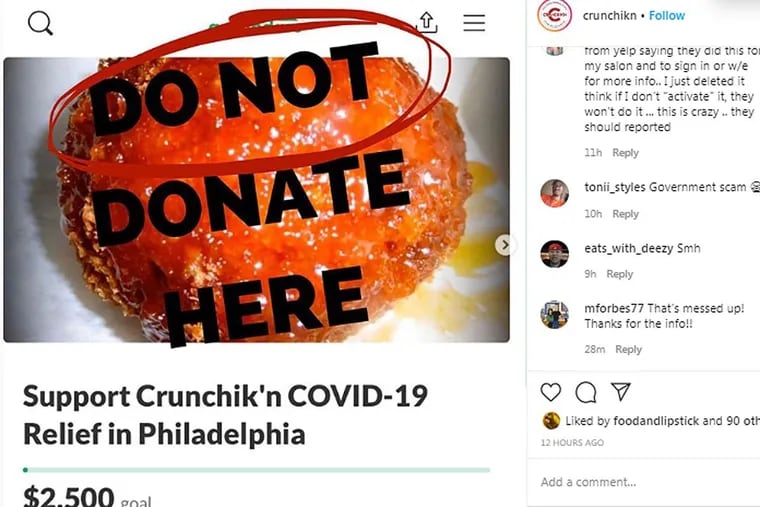Crunchik'n, a Center City restaurant, fired back at Yelp on its Instagram account for starting a GoFundMe account without authorization.