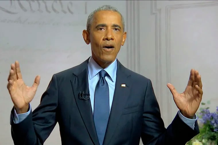 In this image from video, former President Barack Obama speaks during the third night of the Democratic National Convention on, Aug. 19, 2020.