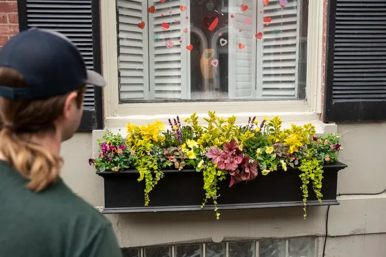 Max Hartt, who works at Enliven Planters, steps back to view a completed window box on North 26th Street in Philadelphia, Pa. on Thursday, March 31, 2022.