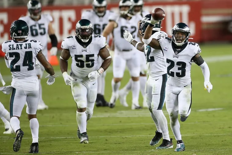 Eagles safety Rodney McLeod celebrates after the team recovered a fumble in the fourth quarter of Sunday's 25-20 win.