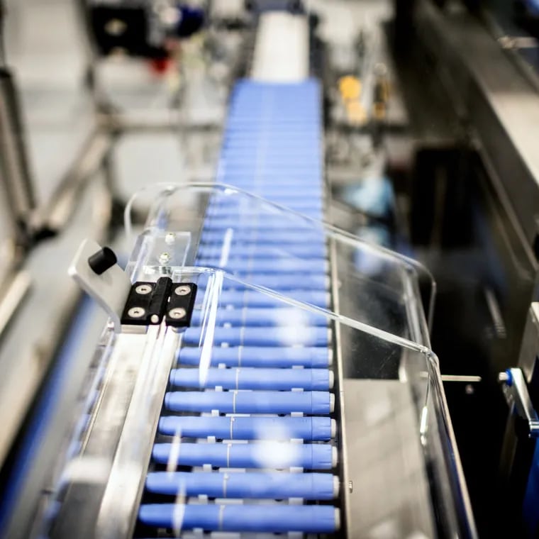 Injection pens move along a conveyor at the Novo Nordisk A/S production facilities in Hillerod, Denmark, on Tuesday, Sept. 26, 2023. MUST CREDIT: Carsten Snejbjerg/Bloomberg