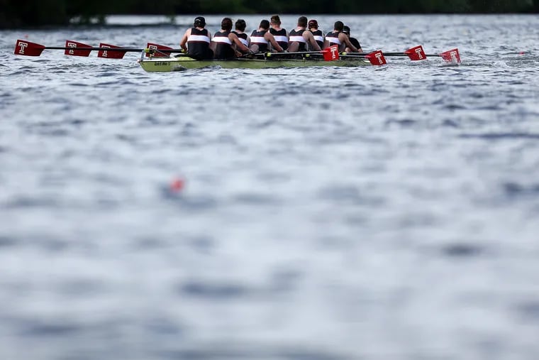 Temple rowers compete in a men's varsity heavyweight eight semifinal race during the first day of the 81st annual Dad Vail Regatta on the Schuylkill in Philadelphia on Friday, May 10, 2019. The regatta concludes Saturday.