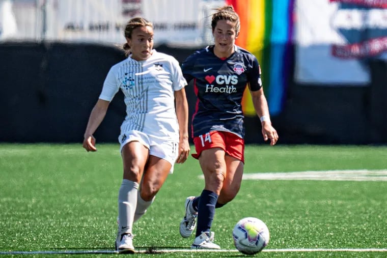 Mallory Pugh, left, made her debut for Sky Blue FC against the Washington Spirit in a NWSL Fall Series game at Segra Field in Leesburg, Virginia on September 5, 2020.