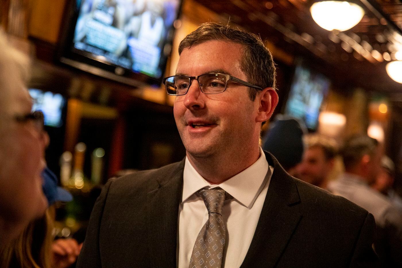 Dan Tinney, running for Philadelphia City Council, arrives at Nick's Roast Beef and is welcomed by friends, family and those supporting him through the election on Tuesday, Nov. 5, 2019. "I'm feeling confident certainly, not taking anything for granted," Tinney said. "It's been a long road and hopefully we get the victory, not for myself, but for everyone."