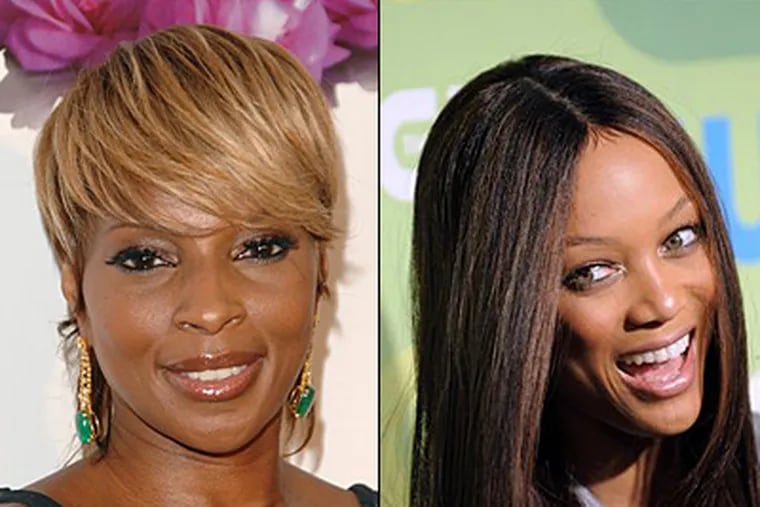 Mary J. Blige (left) and Tyra Banks are two celebs who have worn lace-front wigs to add body or length to their hair. (AP)