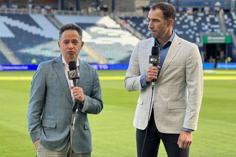 Danny Higginbotham (right) with his Apple TV broadcast partner Steve Cangialosi at a game in Kansas City last month.