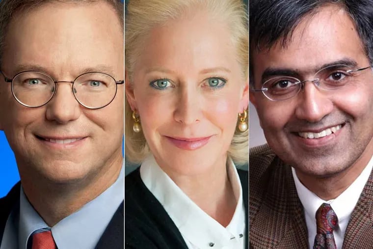 Eric Schmidt (left), executive chairman of Alphabet Inc., Wendy Schmidt, president of the Schmidt Family Foundation, and Sanjeev Arora, who will lead the Program in Theoretical Machine Learning at the Institute for Advance Study in Princeton.