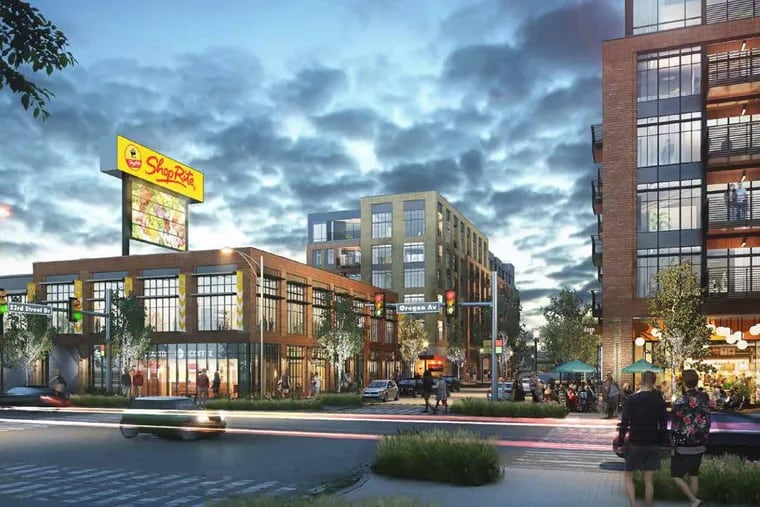 Artist’s rendering of South Philadelphia Shopping Center at 23rd Street and Oregon Avenue after redevelopment into part of a mixed-use project to be called South Quarter Plaza.