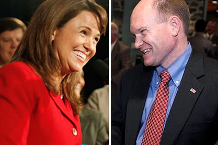 Republican nominee Christine O'Donnell (left) trails by nearly 20 percentage points to Democrat Chris Coons, according to the latest poll of the Delaware Senate race. (AP Photos)