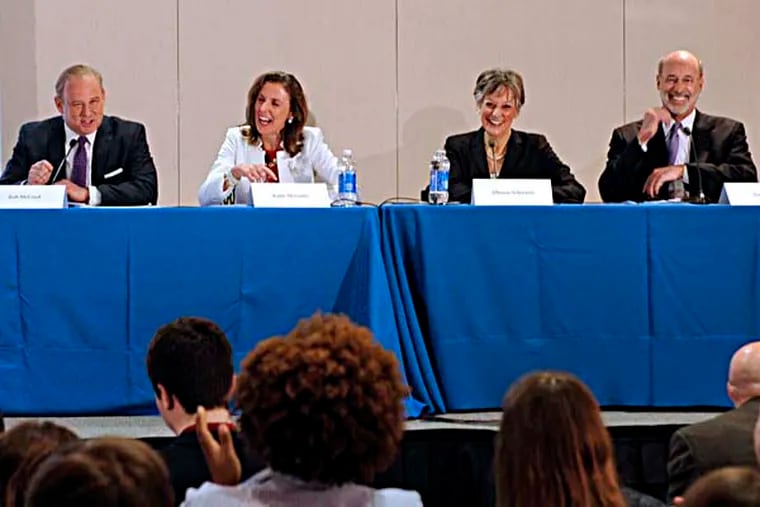 The Pennsylvania Democratic gubernatorial candidates attend a forum at the PA College Democrats Convention at Temple Univ. March 28, 2014. From left: Rob McCord, Katie McGinty, Allyson Schwartz, and Tom Wolf. ( TOM GRALISH / Staff Photographer )