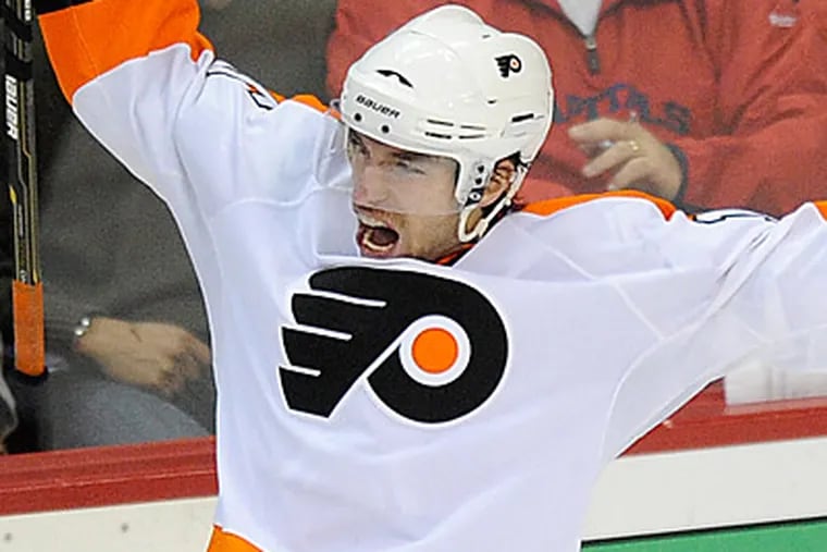 Flyers right wing Andreas Nodl celebrates his goal during the third period against the Capitals. (AP Photo/Nick Wass)