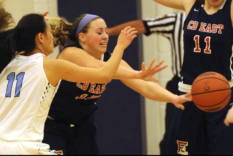 Central Bucks East Gina Russo, right, drives past North Penn’s Irsia Ye, left, last season.C.B. East topped Council Rock South, 71-39, on Wednesday.