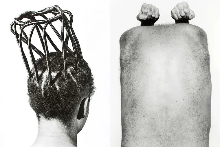 (L) "Onile Gogoro Or Akaba, 1975" from J.D. Okhai Ojeikere's series "Hairstyles, 1969-1979" at Ursinus College's Berman Museum of Art. (R) "Back With Arms Above" by John Coplans, at Ursinus College's Berman Museum of Art.