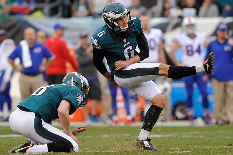 Eagles kicker Caleb Sturgis kicks a 45-yard field goal at the end of the 1st half of the game at Lincoln Financial Field between the Buffalo Bills and the Philadelphia Eagles.   ( CLEM MURRAY / Staff Photographer )