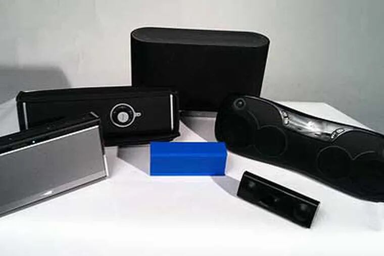 Wireless speakers (clockwise from left): Bose SoundLink, Supertooth Disco, iHome iW1, Logitech Wireless Boombox, Soundmatters foxL v2 and, front center, the Jawbone Jambox.