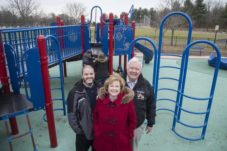 The Cummings family — Jim (right), 72, his wife Lynn, 70, and their son-in-law Joe Nasto, 42 — have diligently worked to raise money and support to build playgrounds for children with disabilities. Their first all-access Jake’s Place playground is in Cherry Hill; construction of a second Jake’s Place is expected to start in Delran in 2018.
