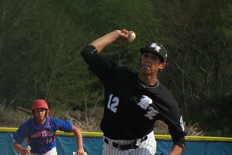 Bishop Eustace's Tyler Phillips throws a pitch against
Washington Township on Wednesday, April 29. He pitched six innings and
earned the win. (Marc Narducci/Staff"