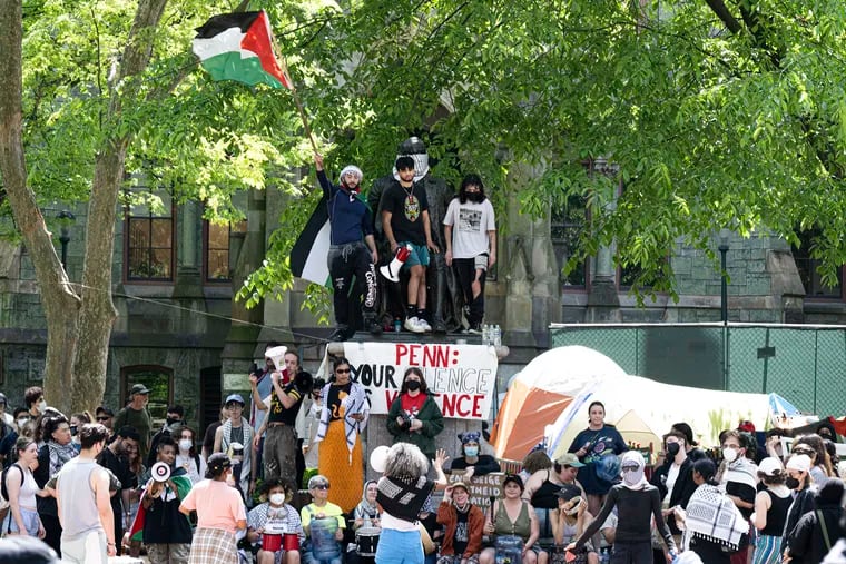 Pro-Palestinian supporters protest on May 2, 2024, at the University of Pennsylvania encampment.