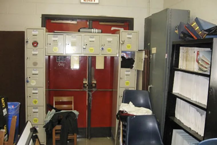 A blocked - and locked - emergency exit door at Frankford High School.