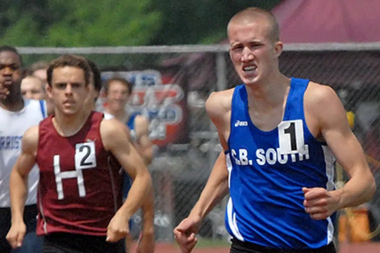 Tom Mallon of Central Bucks South wins in record time in the 800 meter race. (April Saul / Staff Photographer)