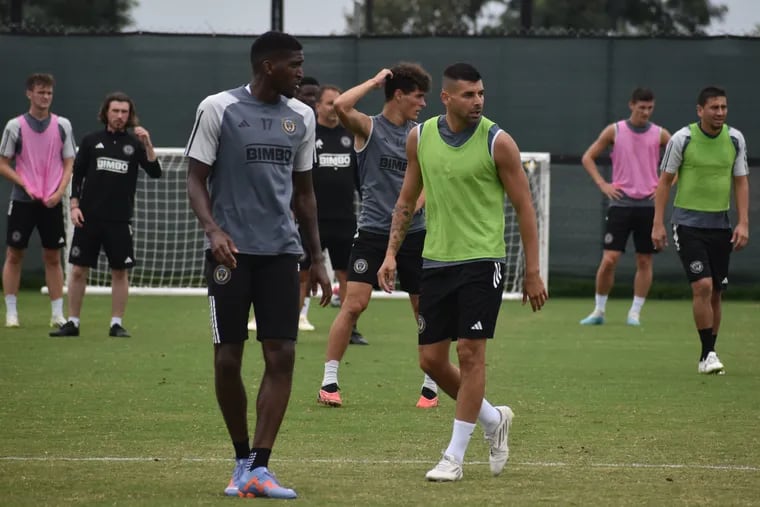 New Union forward Tai Baribo (center right) working out during Tuesday's practice.