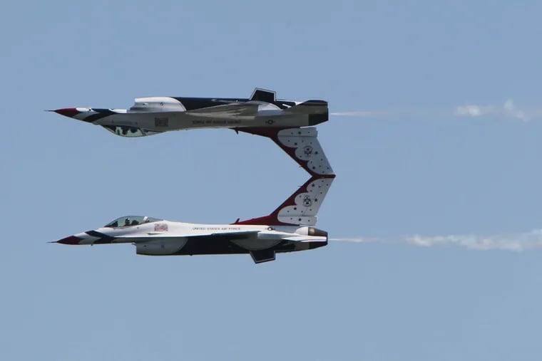 The Air Force Thunderbirds perform at the Atlantic City Air Show in 2011. The Thunderbirds will fly in a joint formation with the Navy Blue Angels over Philadelphia, Trenton, and New York City on Tuesday in support of health-care workers.
