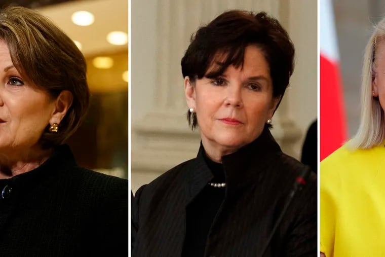 This photo combination show five of the highest-paid female CEOs for 2018, as calculated by the Associated Press and Equilar, an executive data firm. From left: Mary Barra, General Motors, $21.9 million; Marillyn Hewson, Lockheed Martin, $21.5 million; Phebe Novakovic, General Dynamics, $20.7 million; Virginia Rometty, IBM, $17.6 million; and Adena Friedman, Nasdaq, $14.4 million. (AP Photo)