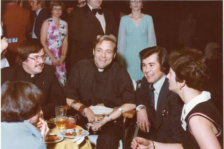 The Rev. William "Bill"  Atkinson (center) in Las Vegas with singer Wayne Newton (right). In 1977, the two were both named to  the U.S. Junior Chamber of Commerce's list of "Ten Outstanding Young Men." Atkinson, who became a quadriplegic in an accident while studying for the priesthood,  taught for many years at Monsignor Bonner. He died in 2006, and is under consideration for sainthood. He's the subject of a documentary, "ExtraOrdinary: The Bill Atkinson Story," that will air at 5 p.m. Sunday, Nov. 1, on WHYY (Channel 12).