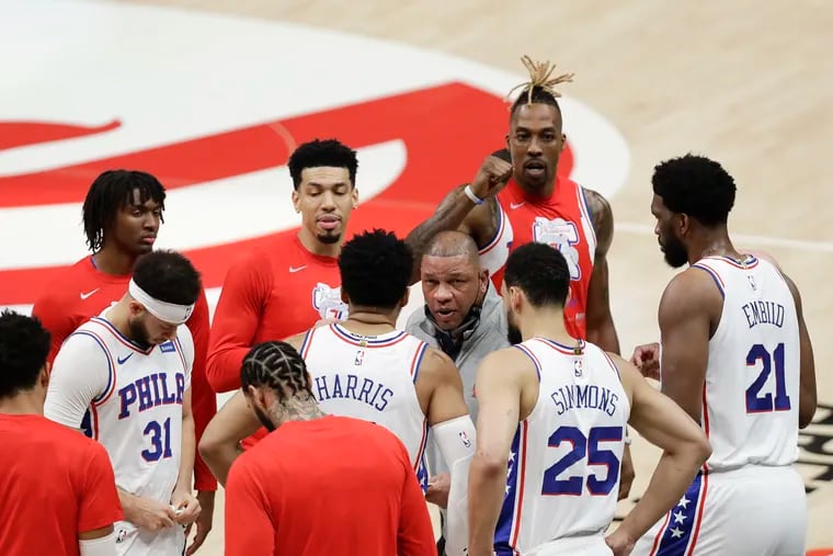 Sixers coach Doc Rivers meeting with his players before the opening tip against the Atlanta Hawks in Game 4 of the NBA Eastern Conference semifinals.