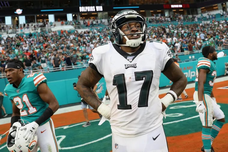 Eagles wide receiver Alshon Jeffery (17) looks up after time expires in Sunday's 37-31 loss to the Miami Dolphins.