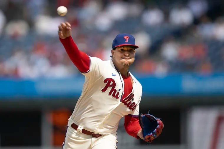 Phillies pitcher, Taijuan Walker throws against the Braves during the 1st inning at Citizens Bank Park in Philadelphia, Pa. Monday, September 11, 2023.