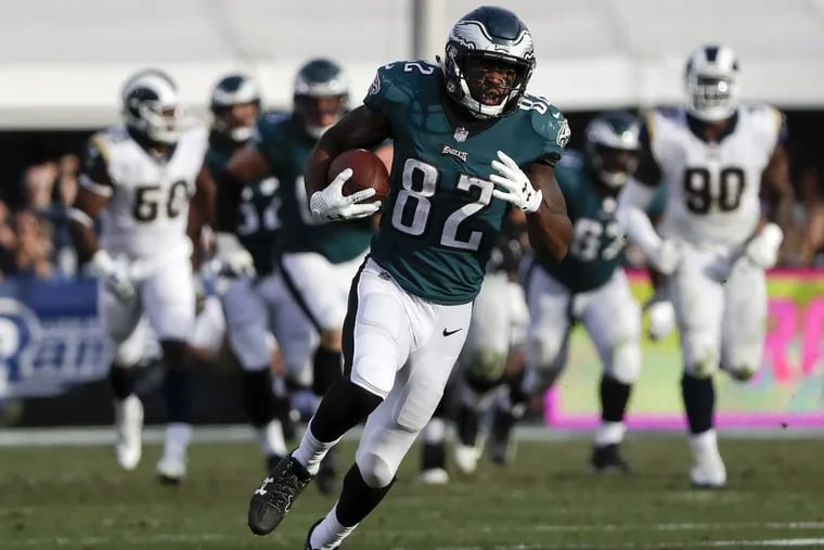 Eagles wide receiver Torrey Smith runs with the football against the Los Angeles Rams during the second-quarter on Sunday, December 10, 2017. YONG KIM / Staff Photographer