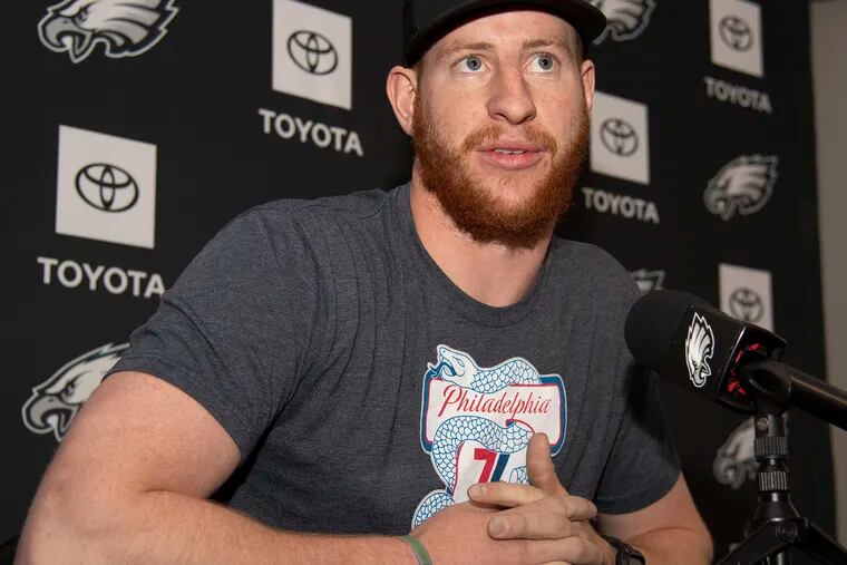 Philadelphia Eagles, Carson Wentz speaks during a  press conference at the Eagles Novacare in South Philadelphia. Monday, April 15, 2019.