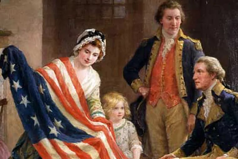 "Examining the Flag" (detail), oil on canvas by Jennie Augusta Brownscombe, circa 1915.