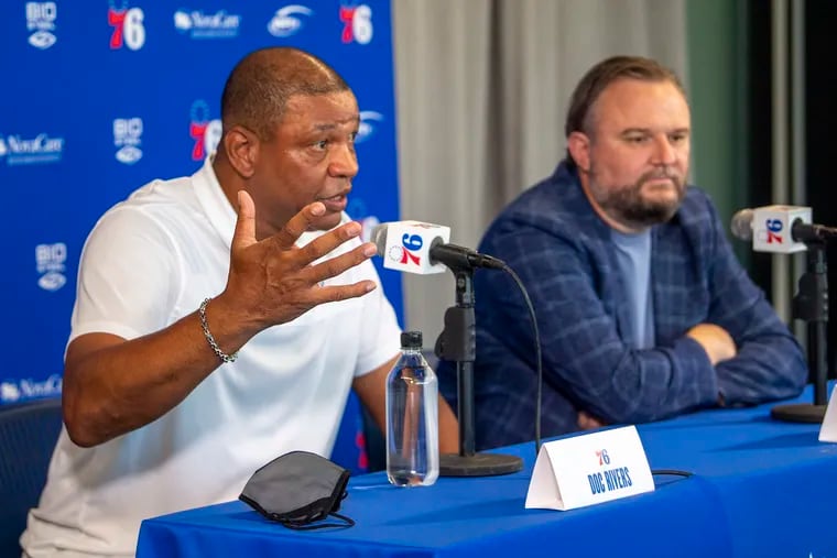 Sixers head coach, Doc Rivers, left and Daryl Morey, President of Basketball Operations, talk to the media at the 76ers Training Complex in Camden, N.J. Monday, September 27, 2021.