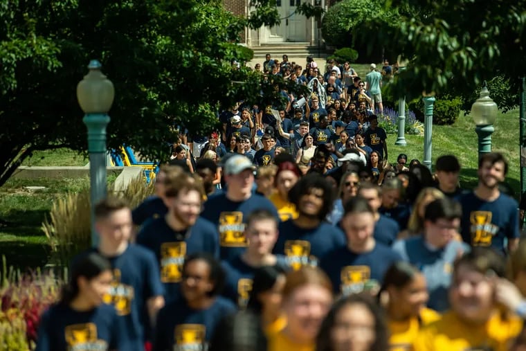 Freshmen walking through La Salle University's campus on Aug. 25, the day of their convocation.