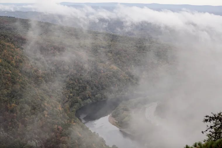 A view of the Delaware Water Gap from the top of Mt. Tammany in Hardwick Township, NJ on October 8, 2019. Below is the Delaware River.