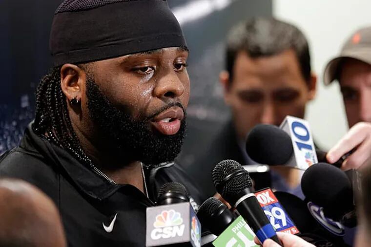 Philadelphia Eagles' Jason Peters speaks during a news conference at the team's NFL football training facility, Tuesday, April 2, 2013, in Philadelphia. (AP Photo/Matt Rourke)