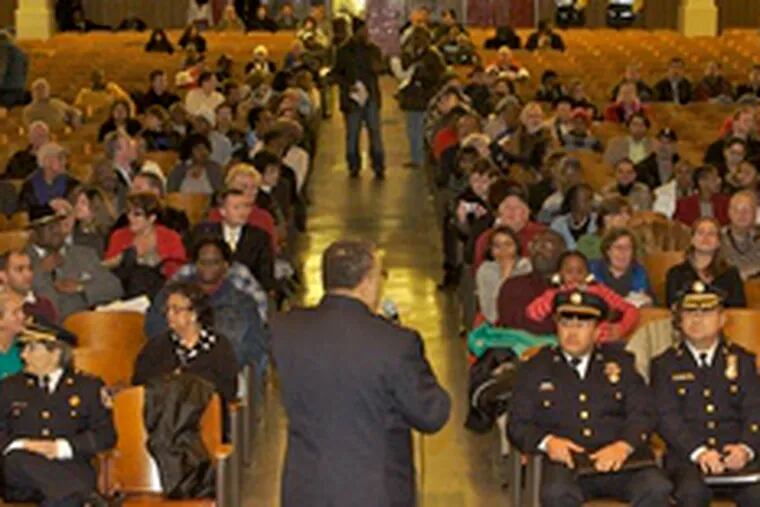 Ramsey, with commanders at hand, at Monday&#0039;s community meeting in South Philadelpha. After four meetings last week, Ramsey has two this week, in Wynnefield and in East Germantown.