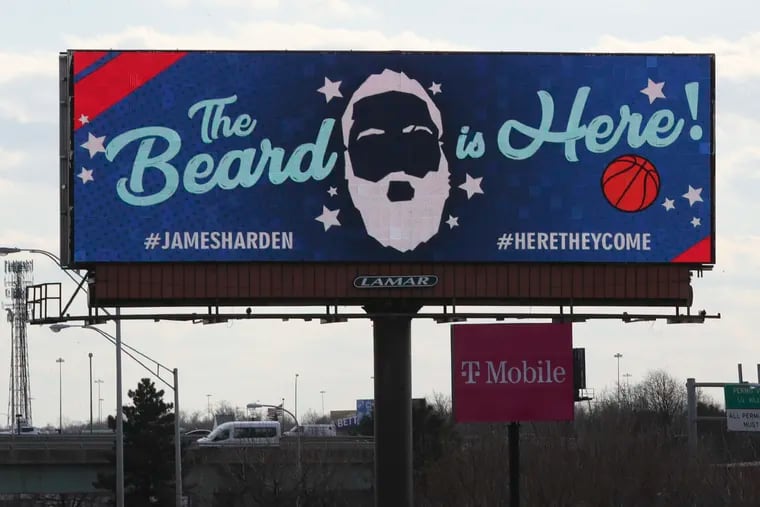 A billboard with new Sixer James Harden appears along I-95 in South Philadelphia on Thursday.