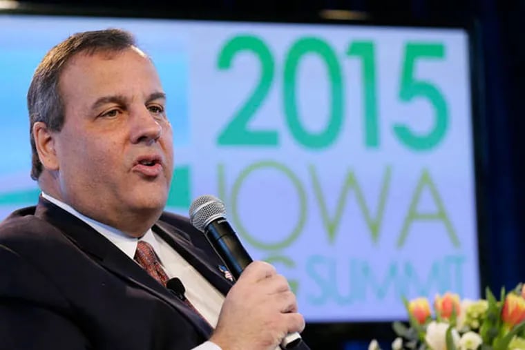 Gov. Christie at an Iowa agricultural summit featuring other potential 2016 GOP candidates, where he spoke against environmental protection "overreach." An aide listed his accomplishments, while environmental lobbyists say Christie disappointed after taking office. (CHARLIE NEIBERGALL / AP)