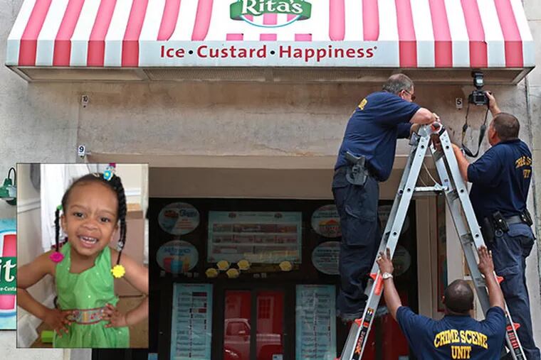 Police Crime Scene officer Bob Flade (right) photographs one of the 10 holes in the facade of the building that houses the Rita's Water Ice on Girard Avenue on Sunday, June 29, 2014, the day after a security gate fell, crushing and killing 3-year-old Wynter Larkin during a fund-raising event. (MICHAEL BRYANT  / Staff Photographer)