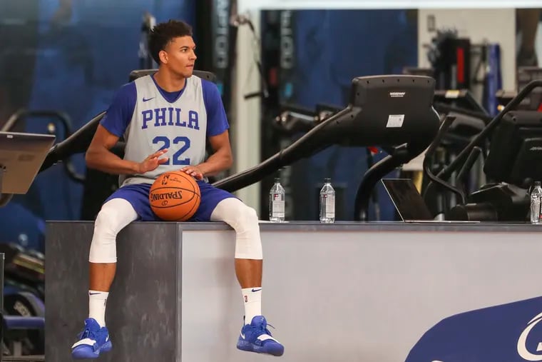 Matisse Thybulle sits down after practice at the 76ers Training Complex in Camden, NJ on Wednesday, Oct. 02, 2019.
