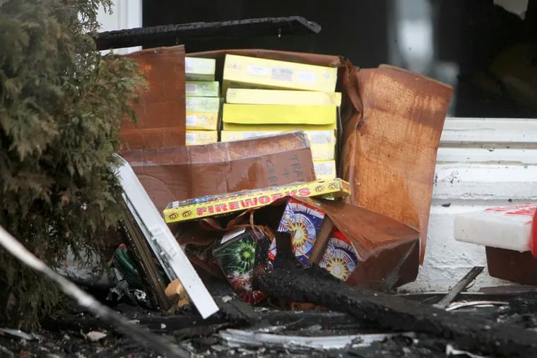 Several boxes of fireworks at the scene of a 2018 house fire in Northeast Philadelphia.
